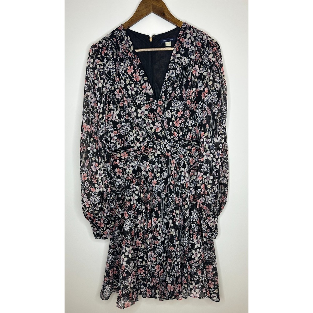NEW Tommy Hilfiger Floral Metallic Chiffon V-Neck Dress Black Pink Size 10 - Picture 3 of 13